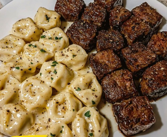 Garlic Butter Steak Bites and Creamy Alfredo Tortellini
